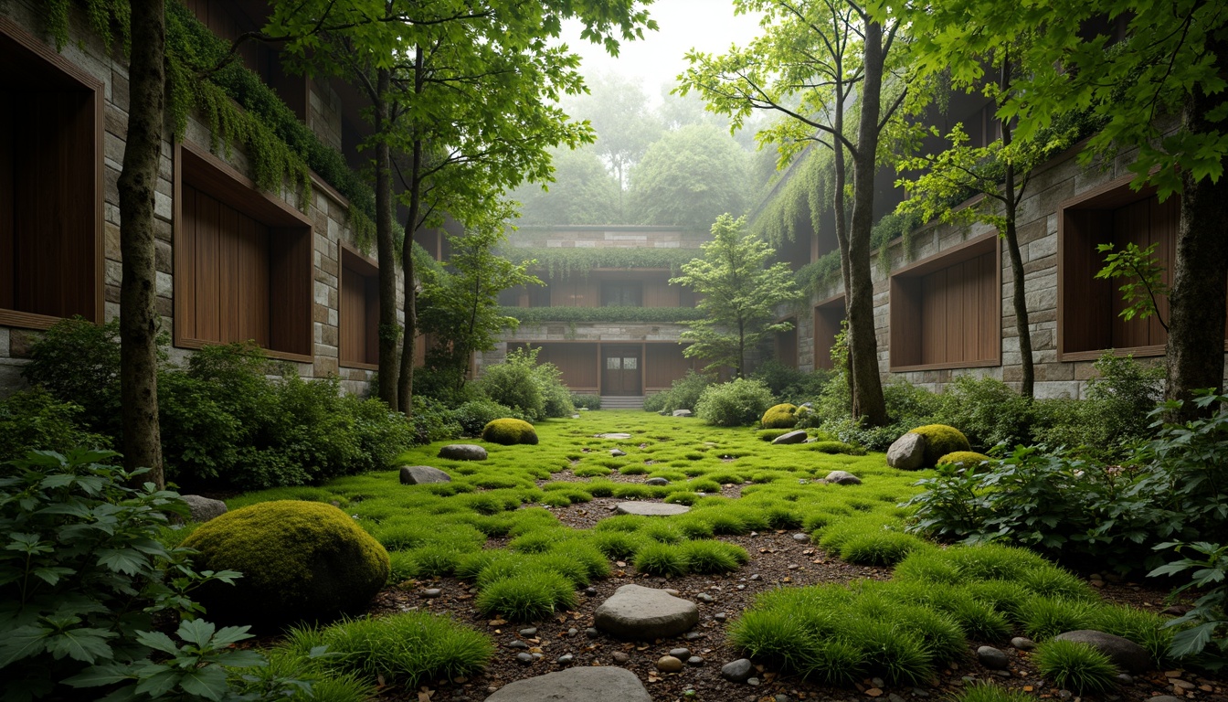 Prompt: Mossy forest floor, lush greenery, misty atmosphere, natural stone walls, wooden accents, earthy tones, organic textures, soft warm lighting, shallow depth of field, 3/4 composition, panoramic view, realistic foliage, ambient occlusion, serene ambiance, whimsical details, intricate patterns, nature-inspired design.