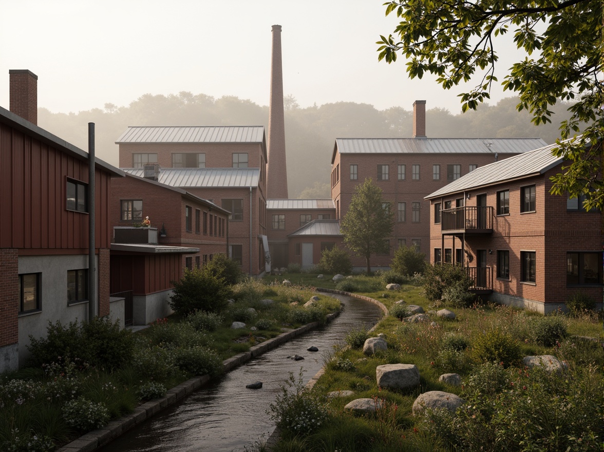 Prompt: Industrial factory complex, rustic brick buildings, corrugated metal roofs, worn concrete walls, vintage machinery, abandoned chimneys, overgrown vegetation, wildflowers, meandering streams, misty atmosphere, soft warm lighting, shallow depth of field, 3/4 composition, panoramic view, realistic textures, ambient occlusion, regionalist architectural style, functional simplicity, earthy color palette, distressed finishes, reclaimed wood accents, metal cladding, industrial heritage, nostalgic ambiance.