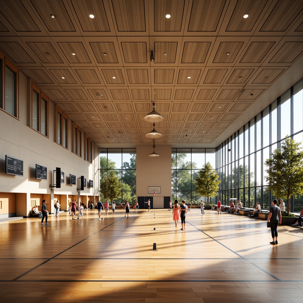 Prompt: Modern gymnasium interior, wooden flooring, sound-absorbing panels, acoustic ceiling tiles, reverberation reduction systems, echo-minimizing design, natural ventilation, large windows, abundant daylight, athletic equipment, basketball hoops, volleyball nets, spectator seating, scoreboards, electronic displays, warm color scheme, soft indirect lighting, shallow depth of field, 1/2 composition, realistic textures, ambient occlusion.