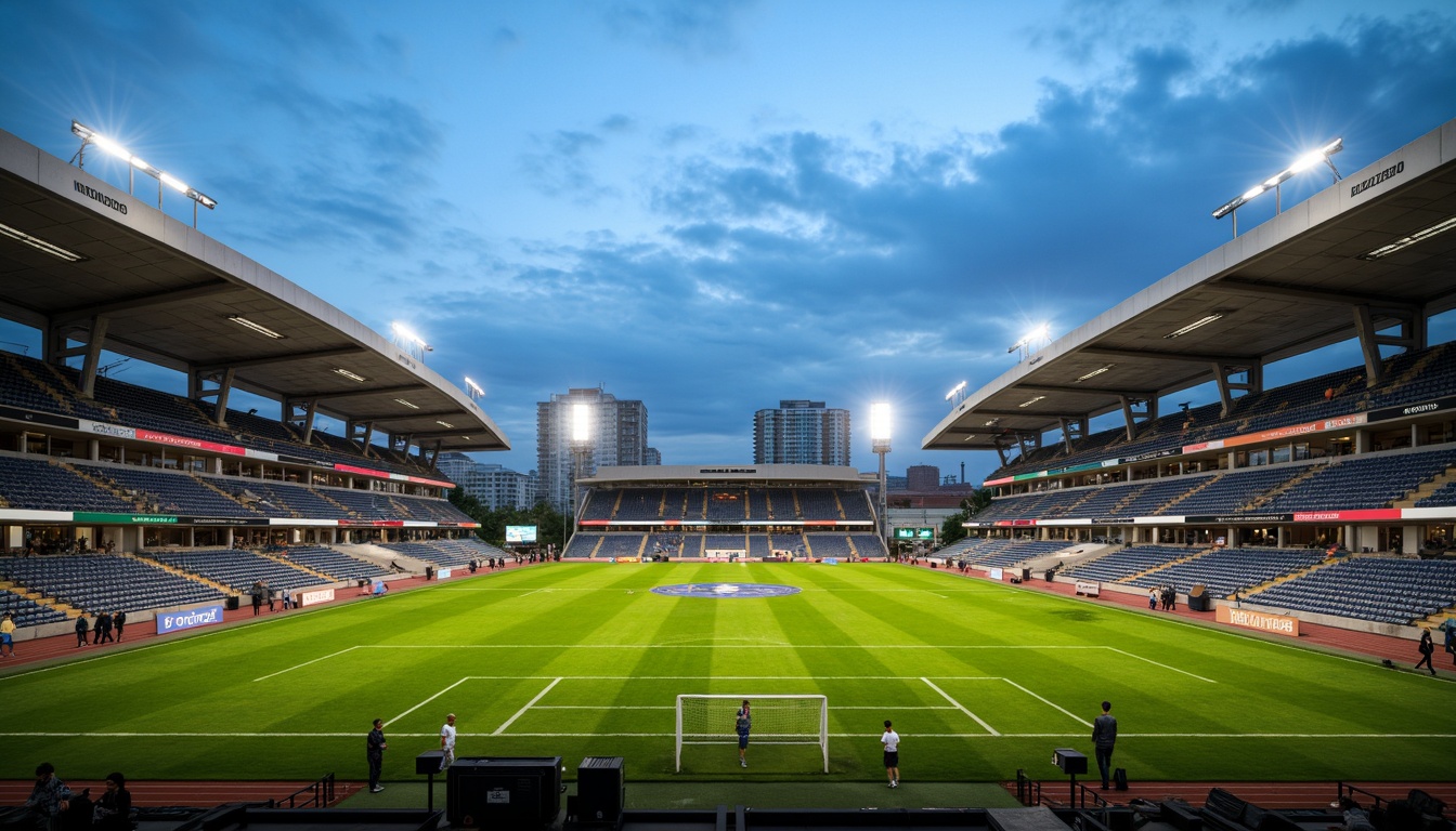 Prompt: Modern soccer stadium, sleek curved lines, cantilevered roofs, transparent glass facades, steel structures, vibrant green seats, lush grass fields, athletic tracks, scoreboard displays, floodlighting systems, evening ambiance, shallow depth of field, 1/1 composition, realistic textures, ambient occlusion, durable concrete flooring, weather-resistant exterior cladding, sound-absorbing interior materials, eco-friendly sustainable design, natural ventilation systems, spacious player lounges, state-of-the-art locker rooms.