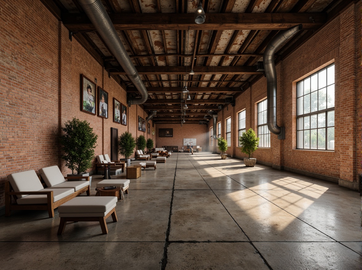 Prompt: Rustic industrial landscape, abandoned factories, worn brick walls, distressed metal roofs, reclaimed wood accents, earthy tones, natural textures, regional materials, local craftsmanship, exposed ductwork, concrete floors, steel beams, functional minimalism, industrial chic aesthetic, warm soft lighting, shallow depth of field, 1/1 composition, realistic renderings, ambient occlusion.