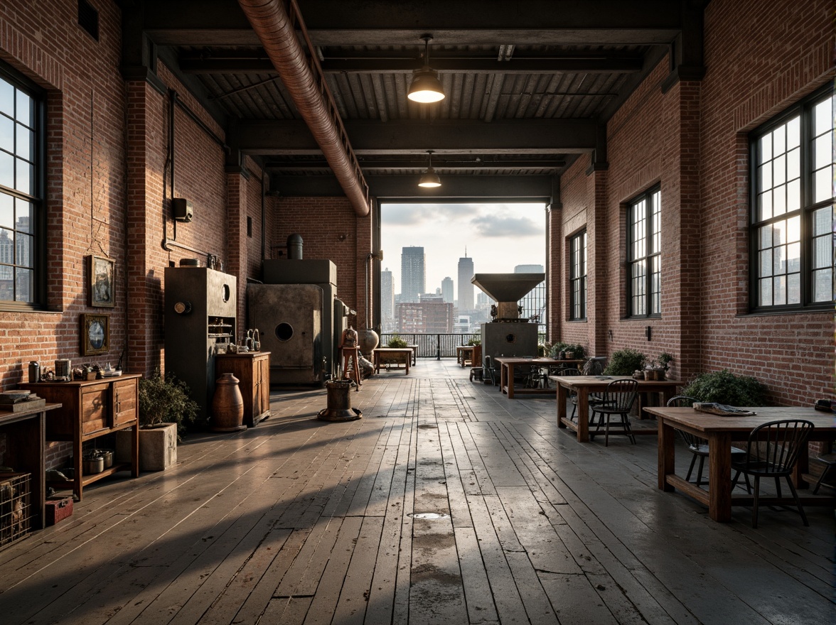 Prompt: Industrial factory setting, exposed brick walls, metal beams, worn wooden floors, distressed concrete textures, vintage machinery, rusty pipes, urban cityscape, cloudy grey skies, warm golden lighting, shallow depth of field, 1/2 composition, realistic materials, ambient occlusion, muted color palette, earthy tones, weathered steel blues, faded reds, industrial greens, creamy whites, rich browns.