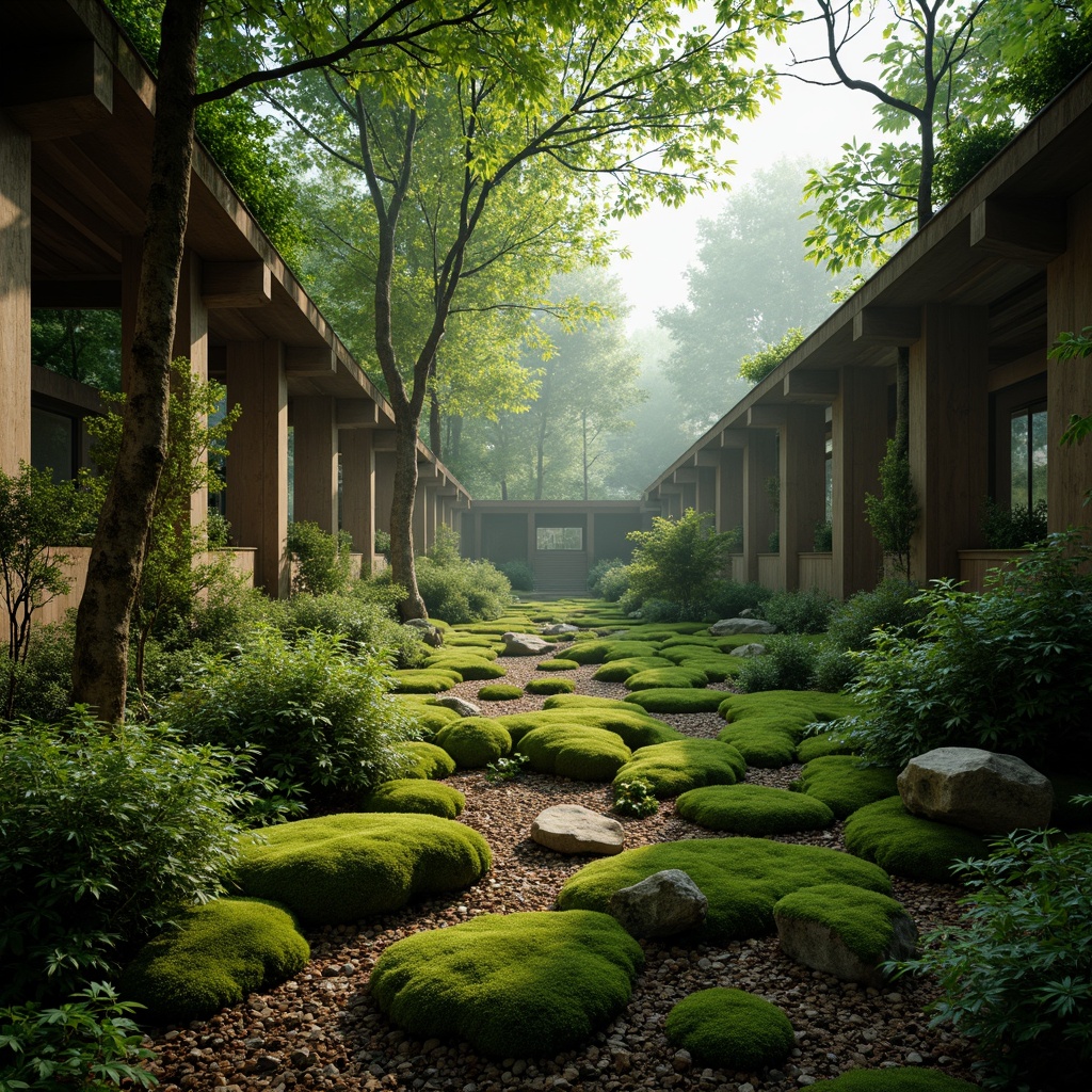 Prompt: Mossy forest floor, lush greenery, misty atmosphere, natural stone walls, wooden accents, earthy tones, organic textures, soft warm lighting, shallow depth of field, 3/4 composition, panoramic view, realistic foliage, ambient occlusion, serene ambiance, whimsical details, intricate patterns, nature-inspired design.