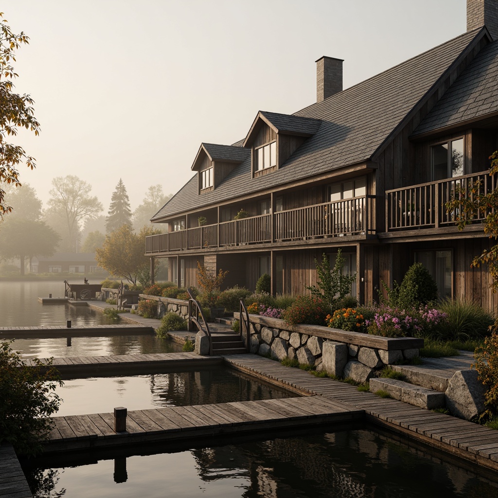 Prompt: Rustic wooden dock, vintage nautical elements, distressed wood textures, ornate metal fixtures, classic boathouse silhouette, pitched rooflines, dormer windows, natural stone foundations, waterfront location, serene lake views, misty morning atmosphere, warm golden lighting, shallow depth of field, 1/2 composition, realistic water reflections, ambient occlusion.