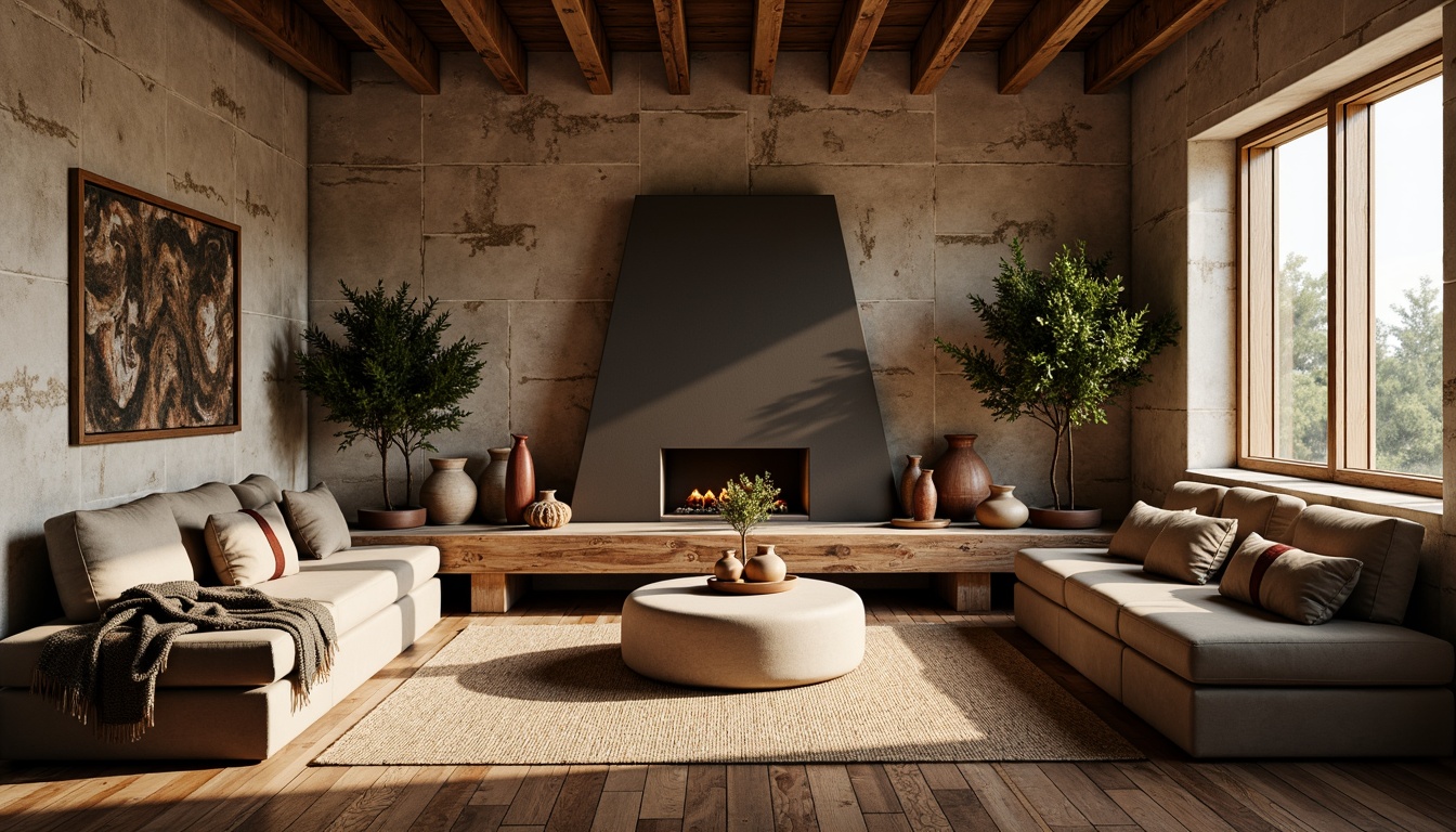 Prompt: Rough-hewn stone walls, distressed wood planks, smooth metallic surfaces, velvety soft upholstery, intricate woven textiles, natural fiber rugs, earthy terracotta pots, organic-shaped sculptures, warm ambient lighting, shallow depth of field, 1/1 composition, realistic material rendering, subtle normal mapping, detailed bump mapping.