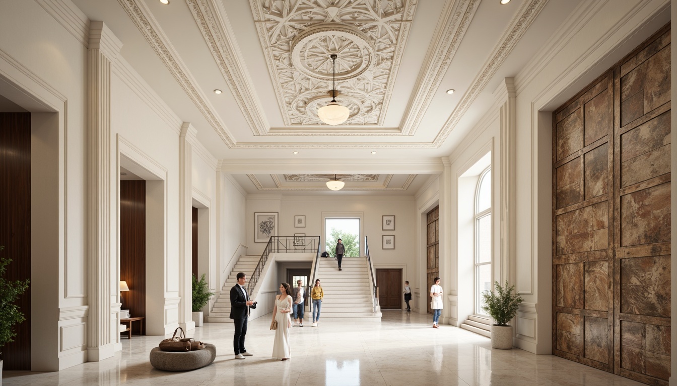 Prompt: Ornate plaster ceilings, decorative moldings, smooth white finishes, textured walls, rustic stone-like effects, luxurious interior spaces, grand entrance halls, sweeping staircases, elegant columns, refined architectural details, soft warm lighting, shallow depth of field, 3/4 composition, realistic textures, ambient occlusion.