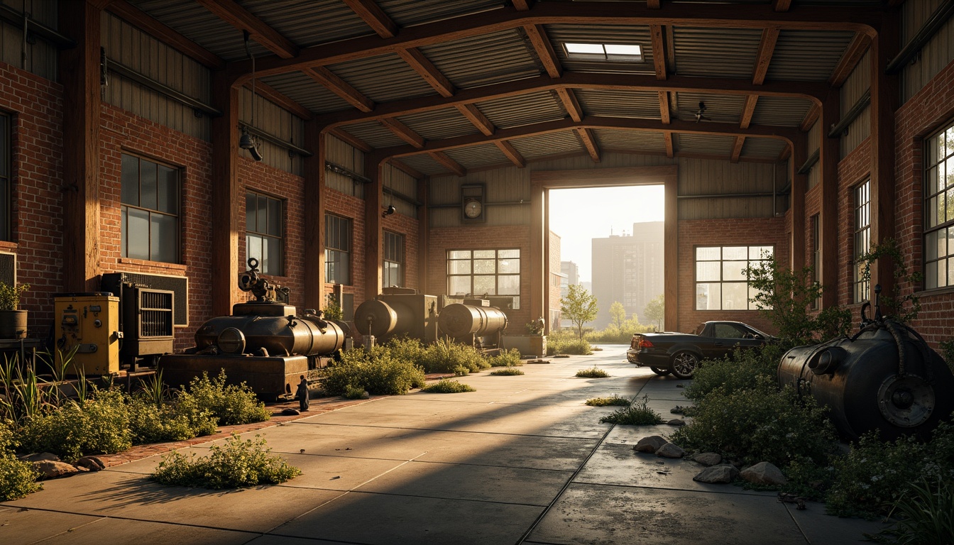 Prompt: Rustic industrial landscape, abandoned factories, distressed brick walls, corrugated metal roofs, worn wooden beams, vintage machinery, urban decay, overgrown vegetation, gritty urban atmosphere, warm golden lighting, shallow depth of field, 1/2 composition, cinematic view, realistic textures, ambient occlusion, nostalgic mood, retro-futuristic elements, exposed ductwork, concrete floors, steel columns, reclaimed wood accents, industrial chic aesthetic.