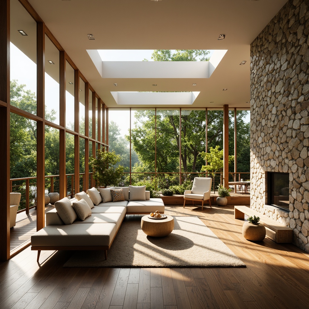 Prompt: Vibrant living room, floor-to-ceiling windows, natural stone walls, wooden flooring, greenery views, abundant sunlight, warm cozy atmosphere, soft diffused lighting, 1/1 composition, shallow depth of field, realistic textures, ambient occlusion, modern minimalist design, eco-friendly materials, sustainable energy solutions, solar panels, clerestory windows, skylights, open-plan layout, airy feel, calming ambiance.