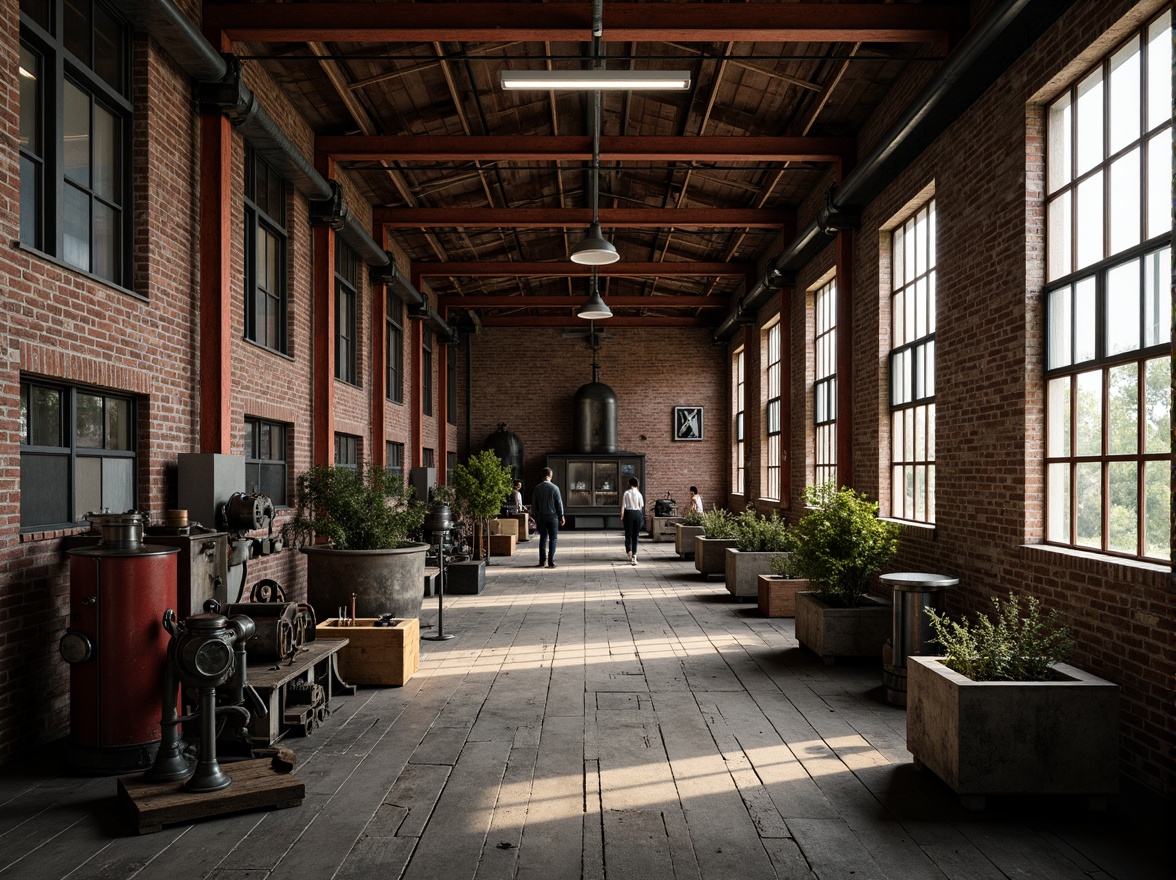 Prompt: Industrial factory setting, exposed brick walls, metal beams, worn wooden floors, vintage machinery, distressed textures, earthy tones, muted colors, rusty reds, weathered blues, faded yellows, industrial greys, urban atmosphere, gritty realism, high contrast lighting, dramatic shadows, cinematic composition, 1/2 camera angle, realistic renderings, ambient occlusion.