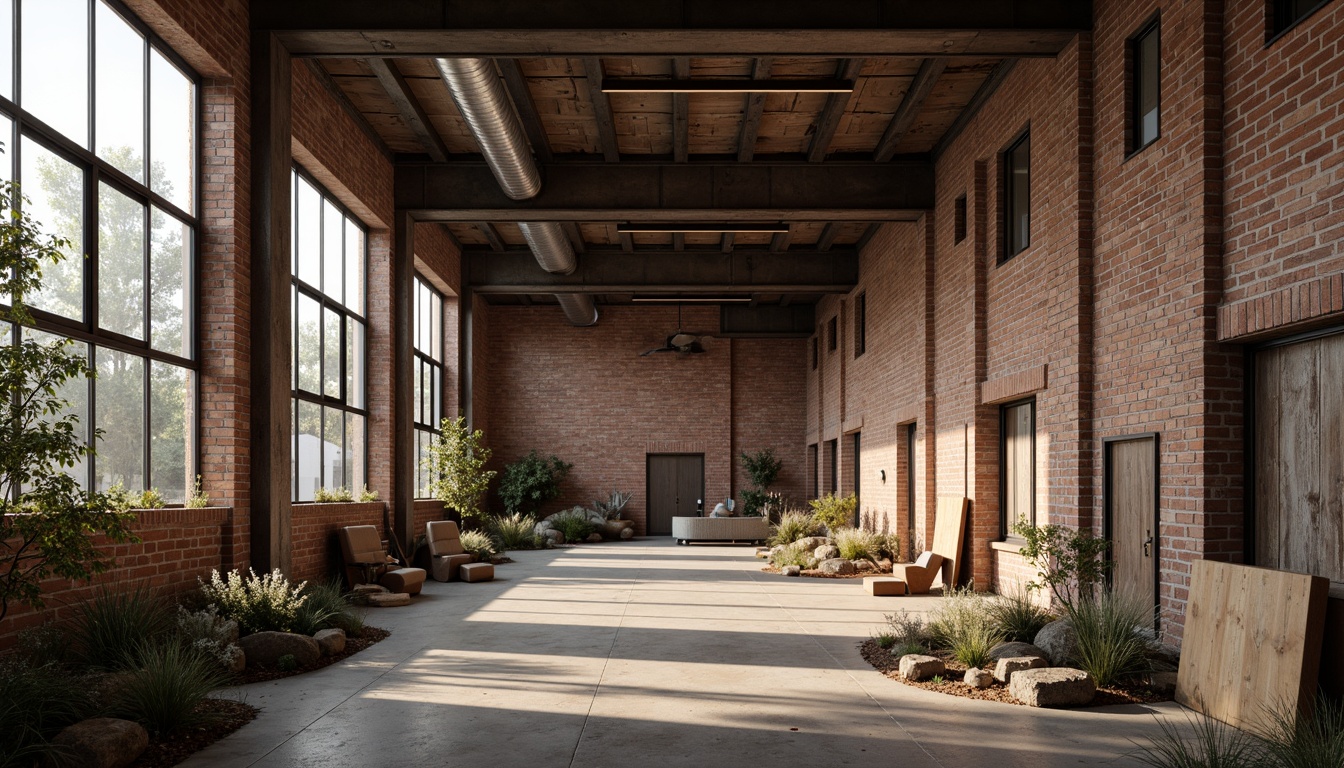 Prompt: Rustic industrial landscape, abandoned factories, worn brick walls, distressed metal roofs, reclaimed wood accents, earthy tones, natural textures, regional materials, local craftsmanship, exposed ductwork, concrete floors, steel beams, functional minimalism, industrial chic aesthetic, warm soft lighting, shallow depth of field, 1/1 composition, realistic renderings, ambient occlusion.