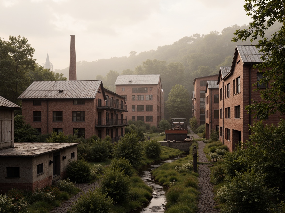 Prompt: Industrial factory complex, rustic brick buildings, corrugated metal roofs, worn concrete walls, vintage machinery, abandoned chimneys, overgrown vegetation, wildflowers, meandering streams, misty atmosphere, soft warm lighting, shallow depth of field, 3/4 composition, panoramic view, realistic textures, ambient occlusion, regionalism-inspired architecture, modern industrial design, functional spaces, exposed ductwork, metal catwalks, reclaimed wood accents, earthy color palette, natural stone pathways, weathered steel bridges.