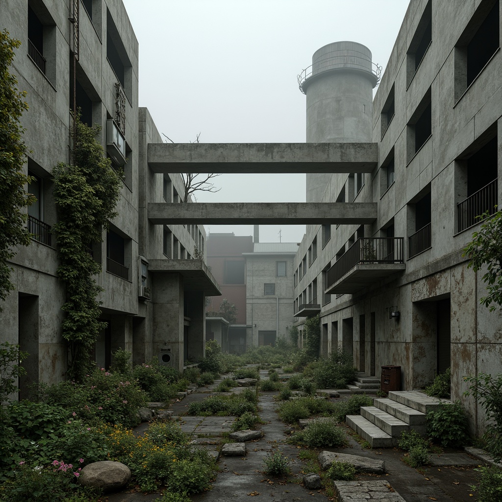 Prompt: Rugged brutalist architecture, raw concrete textures, fortress-like structures, overgrown vegetation, wildflowers, moss-covered walls, industrial landscapes, abandoned factories, rusty machinery, distressed metal accents, urban decay, gritty atmosphere, dramatic lighting, high contrast shadows, cinematic composition, atmospheric fog, misty mornings, eerie silence, desolate surroundings, fragmented rocks, weathered wood, reclaimed materials, post-apocalyptic ambiance.