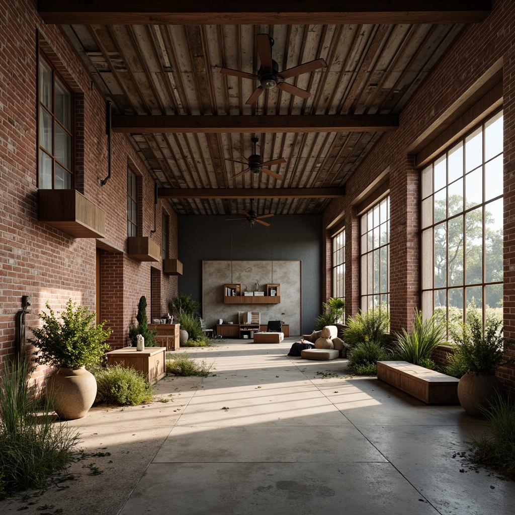 Prompt: Rustic industrial landscape, abandoned factories, worn brick walls, distressed metal roofs, reclaimed wood accents, earthy tones, natural textures, regional materials, local craftsmanship, exposed ductwork, concrete floors, steel beams, functional minimalism, industrial chic aesthetic, warm soft lighting, shallow depth of field, 1/1 composition, realistic renderings, ambient occlusion.