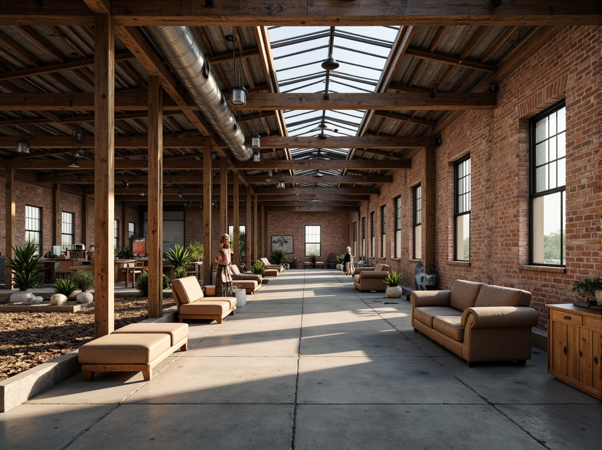 Prompt: Rustic industrial landscape, abandoned factories, worn brick walls, distressed metal roofs, reclaimed wood accents, earthy tones, natural textures, regional materials, local craftsmanship, exposed ductwork, concrete floors, steel beams, functional minimalism, industrial chic aesthetic, warm soft lighting, shallow depth of field, 1/1 composition, realistic renderings, ambient occlusion.