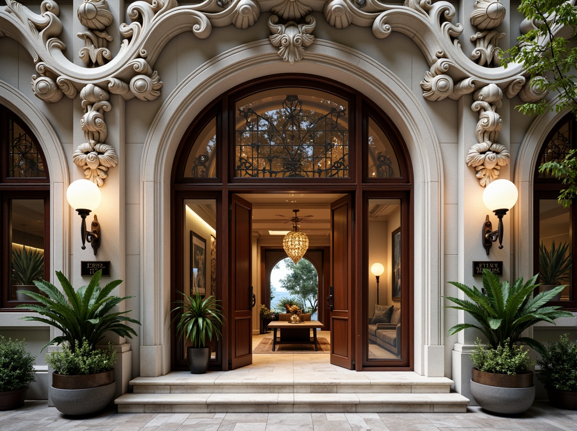 Prompt: Intricate bank facade, ornate stone carvings, flowing organic lines, curved wooden doors, stained glass windows, grand entrance hall, marble floors, polished bronze fixtures, natural stone walls, lush greenery, potted plants, warm ambient lighting, soft focus, shallow depth of field, 1/2 composition, realistic textures, ambient occlusion.