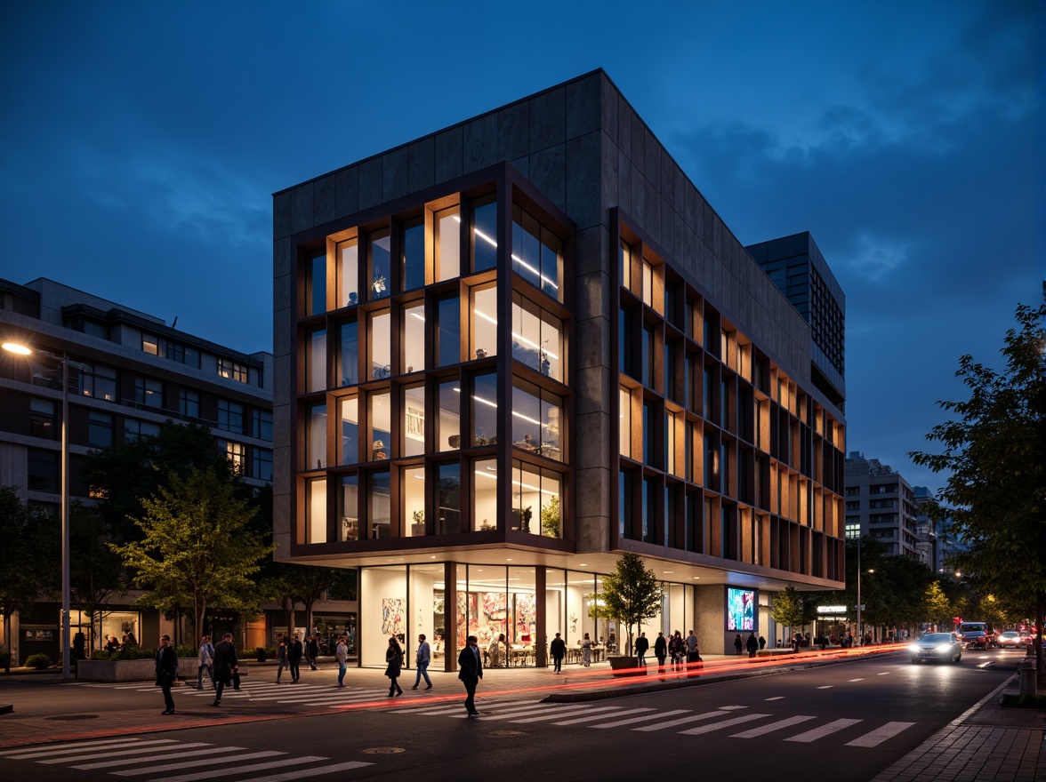 Prompt: Geometric hotel facade, asymmetrical composition, rectangular windows, industrial materials, raw concrete walls, steel beams, minimalist decor, functional simplicity, bold color accents, abstract artwork, urban cityscape, busy streets, modern streetlights, dramatic nighttime lighting, low-angle shot, 1/2 composition, high-contrast tone, cinematic atmosphere, brutalist architecture, functionalism-inspired design.