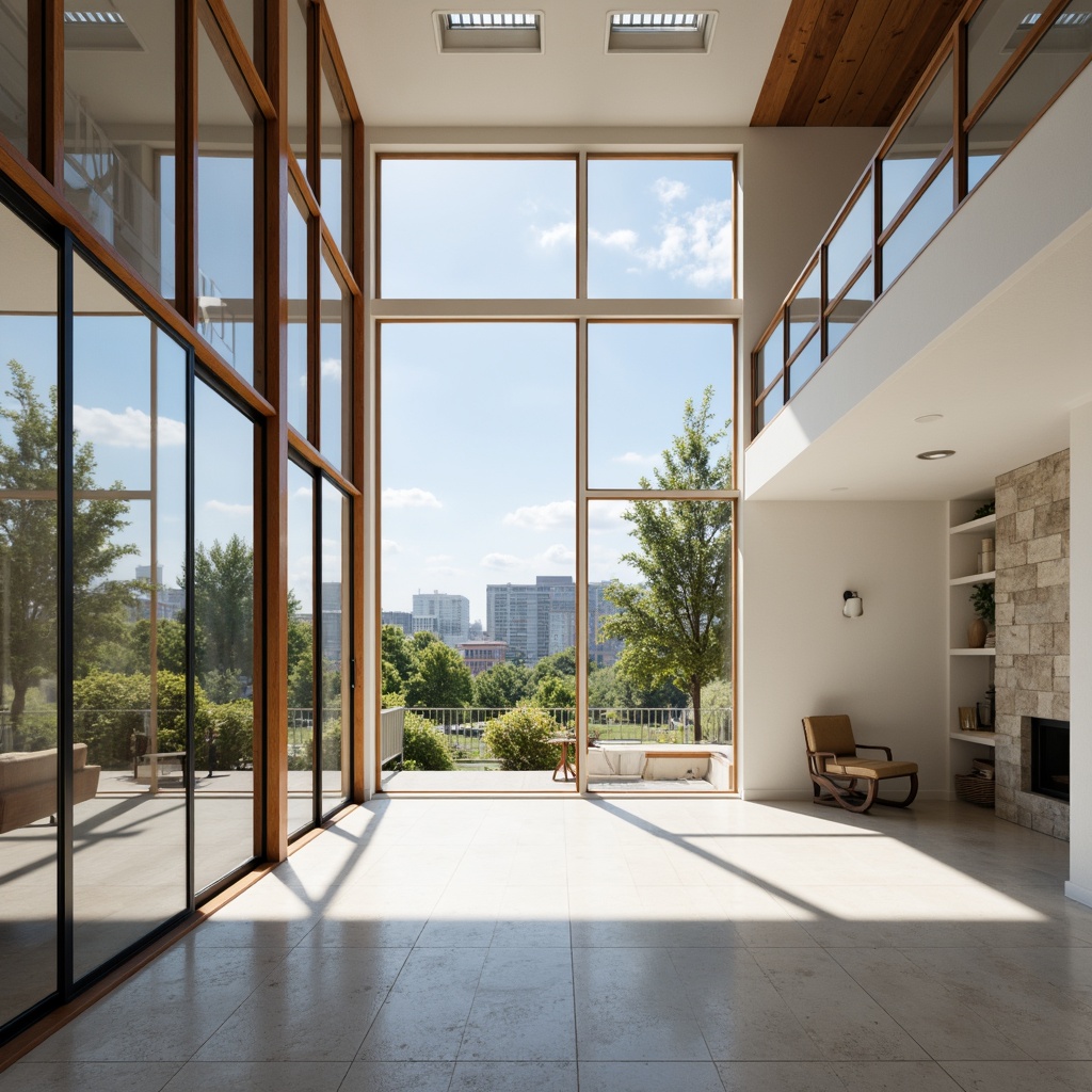 Prompt: Minimalist home, large windows, sliding glass doors, white walls, polished concrete floors, open floor plan, high ceilings, clerestory windows, skylights, natural stone accents, wooden beams, industrial chic decor, urban landscape views, cityscape backdrop, sunny day, soft warm lighting, shallow depth of field, 3/4 composition, panoramic view, realistic textures, ambient occlusion.