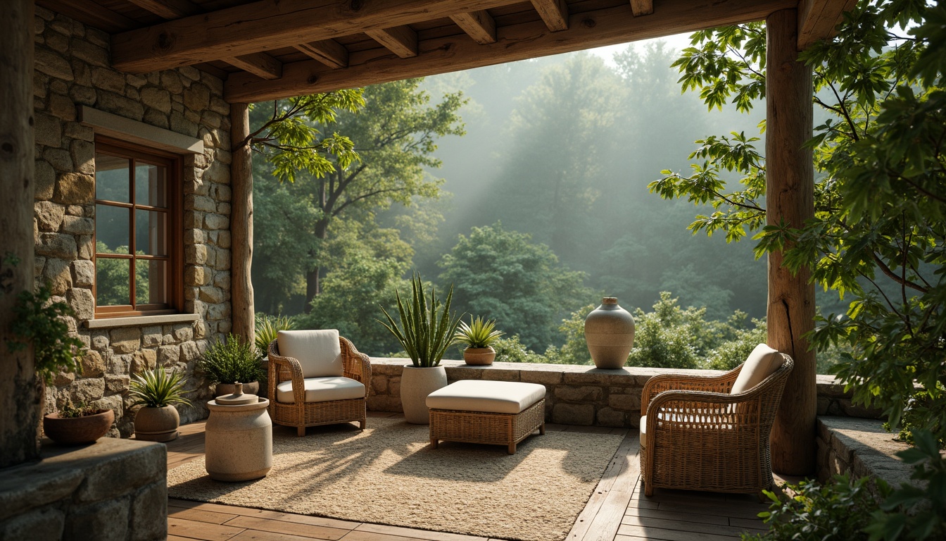 Prompt: Soft celadon hues, natural earth tones, gentle misty atmosphere, serene forest surroundings, rustic wooden accents, woven wicker furniture, vintage ceramic vases, distressed stone walls, moss-covered pathways, warm golden lighting, shallow depth of field, 1/1 composition, intimate close-up shots, realistic textures, ambient occlusion.