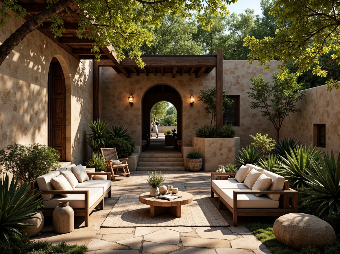 Prompt: Rustic regionalism outdoor space, natural stone walls, wooden accents, earthy tones, lush greenery, native plants, meandering pathways, lantern-style lighting, cozy seating areas, woven textiles, warm color palette, soft ambient lighting, shallow depth of field, 1/1 composition, intimate atmosphere, organic shapes, weathered wood furniture, regional-inspired decorative elements.