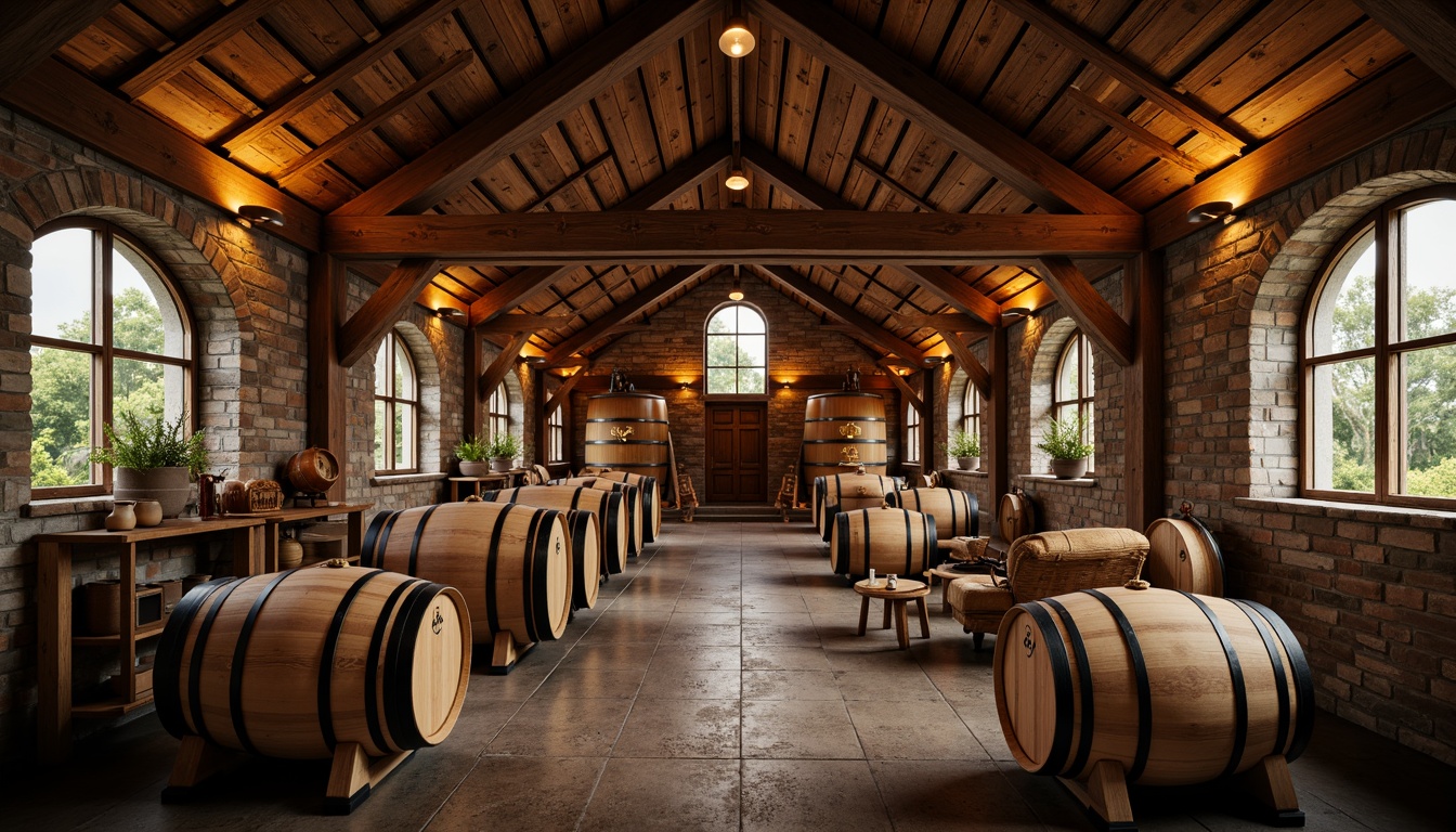 Prompt: Rustic winery, wooden barrels, stone walls, earthy tones, natural lighting, reclaimed wood accents, metal roofing, industrial chic decor, vintage wine-making equipment, exposed brick ceilings, wooden fermentation tanks, oak aging rooms, dim warm ambiance, soft golden lighting, shallow depth of field, 1/1 composition, realistic textures, ambient occlusion.