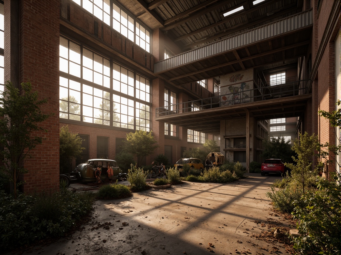 Prompt: Rustic industrial landscape, abandoned factories, distressed brick walls, corrugated metal roofs, worn wooden beams, vintage machinery, urban decay, overgrown vegetation, gritty urban atmosphere, warm golden lighting, shallow depth of field, 1/2 composition, cinematic view, realistic textures, ambient occlusion, nostalgic mood, retro-futuristic elements, exposed ductwork, concrete floors, steel columns, reclaimed wood accents, industrial chic aesthetic.