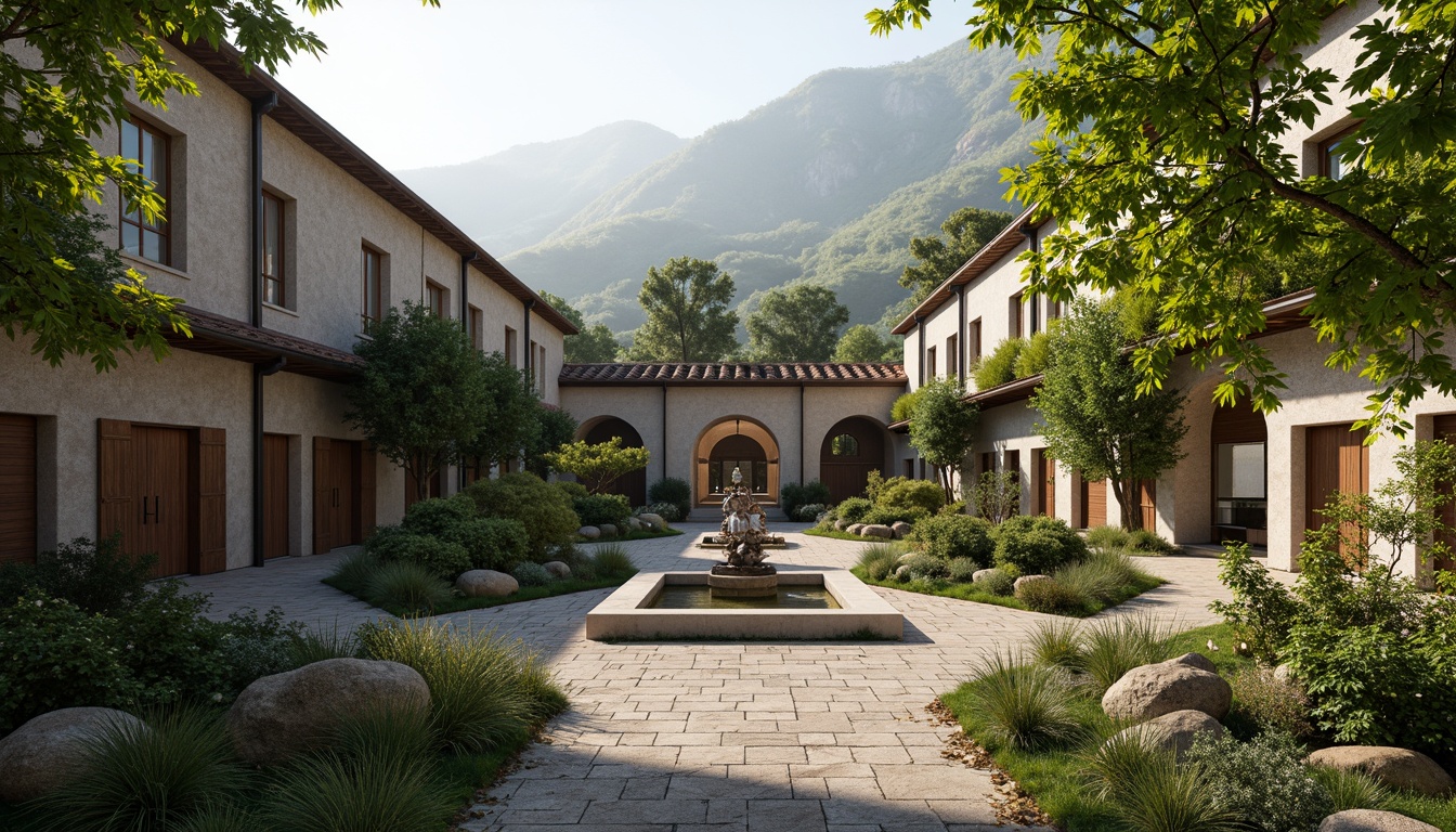 Prompt: Serene monastery courtyard, lush greenery, natural stone walls, wooden accents, rustic doors, tranquil water features, peaceful statues, organic architecture, curved lines, earthy tones, sustainable materials, living roofs, green spaces, misty morning, soft warm lighting, shallow depth of field, 3/4 composition, panoramic view, realistic textures, ambient occlusion, surrounding mountains, rolling hills, meandering paths, scenic overlooks, natural ventilation systems, passive solar design.