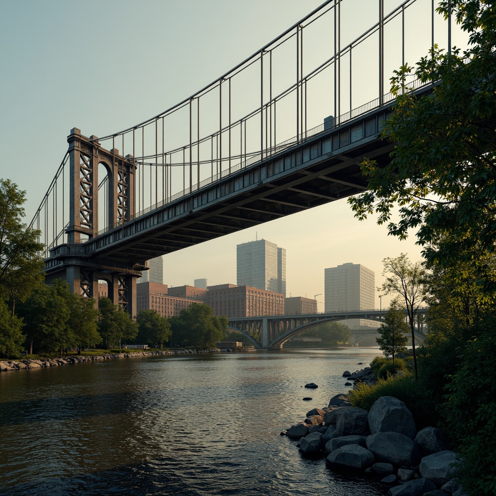 Prompt: Rustic steel bridges, industrial-era aesthetic, weathered metal textures, earthy tones, muted greens, blues and grays, warm golden lighting, misty atmospheric effects, dramatic shadows, 3/4 composition, cinematic view, realistic reflections, ambient occlusion, urban cityscape, riverbank setting, lush vegetation, natural stone piers, modern architectural elements, sleek cable systems.