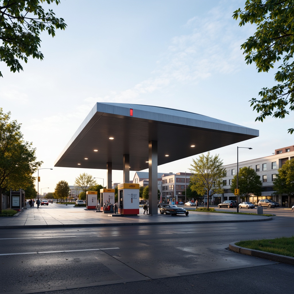 Prompt: Modern gas station, sleek canopy structure, angular lines, minimalist design, stainless steel columns, LED lighting, futuristic aesthetic, urban landscape, busy streets, cityscape, morning sunlight, soft warm glow, shallow depth of field, 3/4 composition, panoramic view, realistic textures, ambient occlusion.