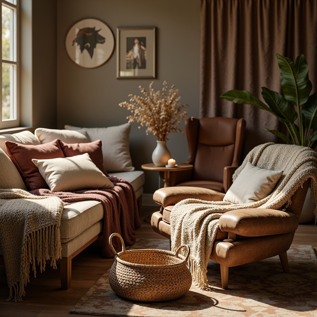 Prompt: Velvety soft couches, luxurious silk fabrics, rugged woven baskets, smooth leather armchairs, distressed denim textures, chunky knit blankets, lustrous satin drapes, matte cotton upholstery, intricate embroidery patterns, subtle sheen finishes, natural linen weaves, tactile experience, cozy atmosphere, warm golden lighting, shallow depth of field, 1/1 composition, realistic fabric simulations.