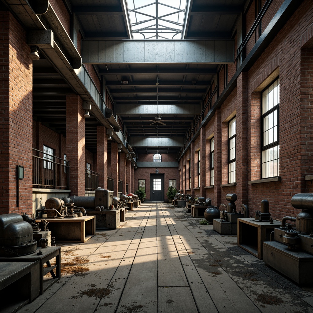 Prompt: Industrial factory setting, exposed brick walls, metal beams, worn wooden floors, vintage machinery, distressed textures, earthy tones, muted colors, rusty reds, weathered blues, faded yellows, industrial greys, urban atmosphere, gritty realism, high contrast lighting, dramatic shadows, cinematic composition, 1/2 camera angle, realistic renderings, ambient occlusion.