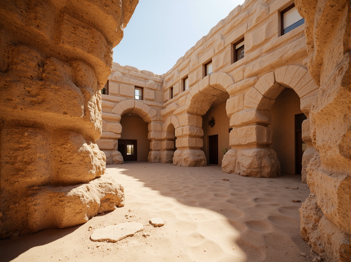 Prompt: Weathered sand-casted walls, rough stone textures, earthy tones, organic forms, natural erosion patterns, intricate rock formations, desert landscape, warm sunny day, soft diffused lighting, shallow depth of field, 3/4 composition, panoramic view, realistic textures, ambient occlusion.