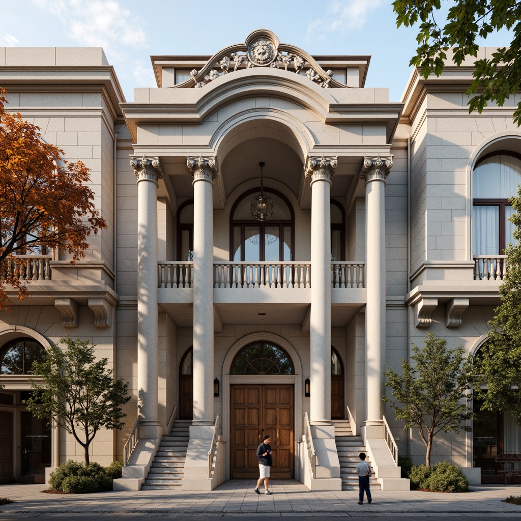 Prompt: Grandiose building facade, ornate columns, intricately carved details, symmetrical composition, classical proportions, limestone or marble materials, subtle color palette, soft natural light, warm afternoon ambiance, shallow depth of field, 2/3 composition, realistic textures, ambient occlusion, ornamental balustrades, decorative friezes, sculpted pediments, grand entranceways, sweeping staircases, elegant archways, refined moldings, luxurious ornamentation.