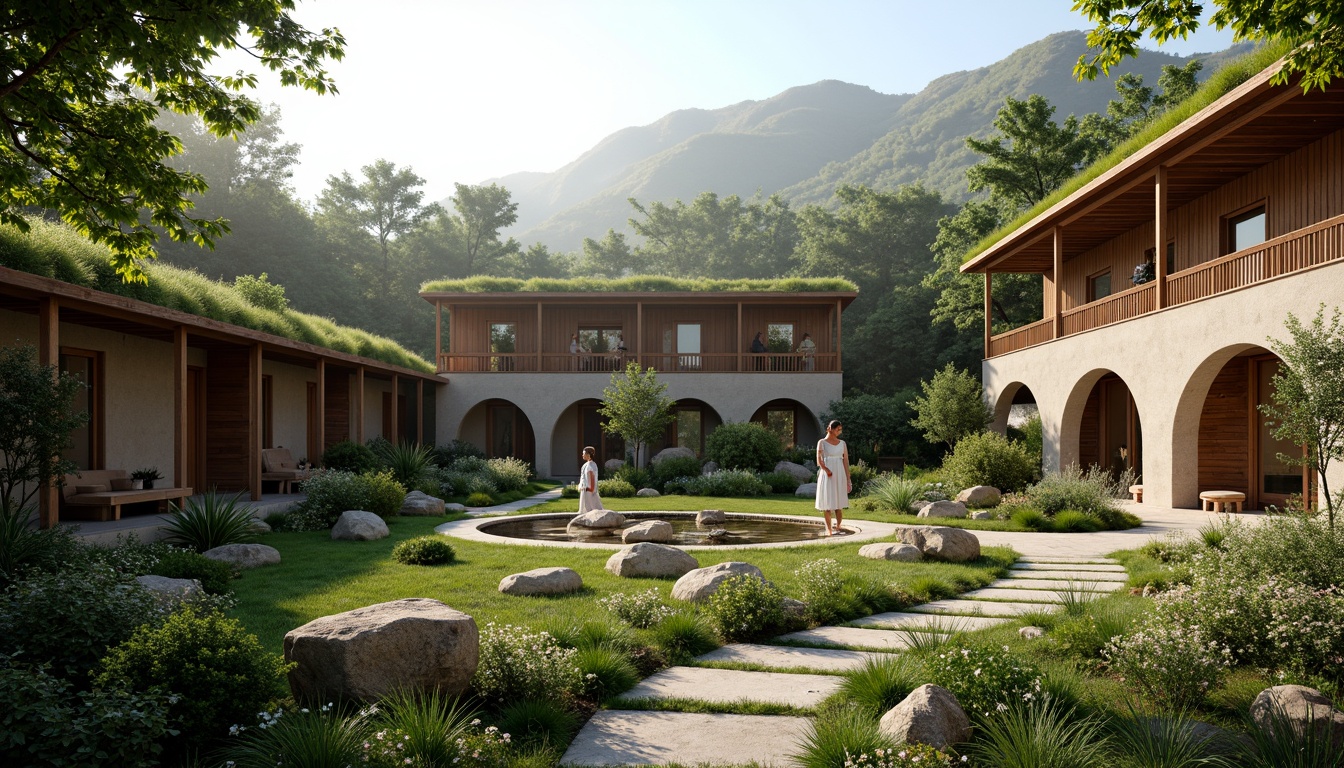 Prompt: Serene monastery courtyard, lush greenery, natural stone walls, wooden accents, rustic doors, tranquil water features, peaceful statues, organic architecture, curved lines, earthy tones, sustainable materials, living roofs, green spaces, misty morning, soft warm lighting, shallow depth of field, 3/4 composition, panoramic view, realistic textures, ambient occlusion, surrounding mountains, rolling hills, meandering paths, scenic overlooks, natural ventilation systems, passive solar design.