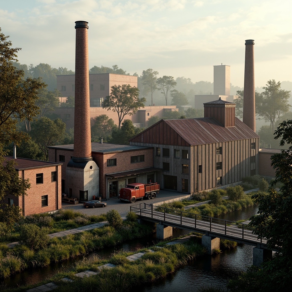 Prompt: Industrial factory complex, rustic brick buildings, corrugated metal roofs, worn concrete walls, vintage machinery, abandoned chimneys, overgrown vegetation, wildflowers, meandering streams, misty atmosphere, soft warm lighting, shallow depth of field, 3/4 composition, panoramic view, realistic textures, ambient occlusion, regionalism-inspired architecture, modern industrial design, functional spaces, exposed ductwork, metal catwalks, reclaimed wood accents, earthy color palette, natural stone pathways, weathered steel bridges.