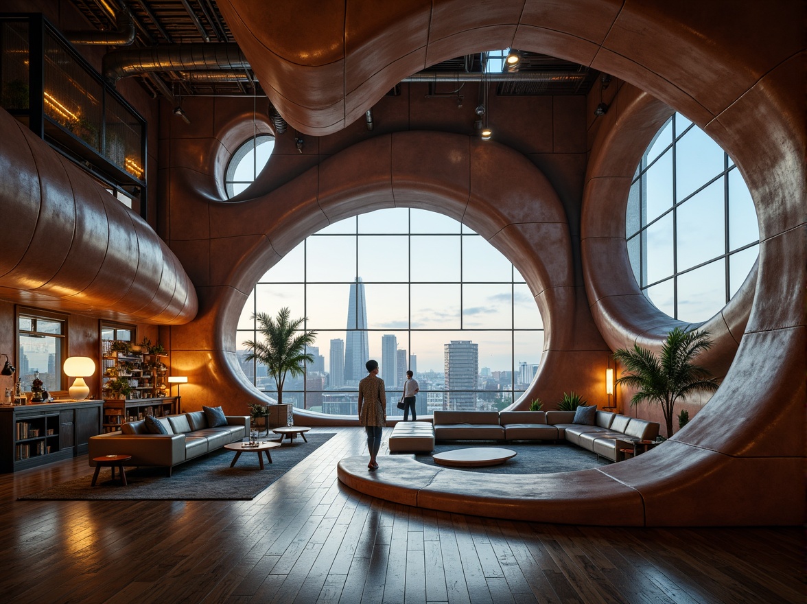 Prompt: Organic loft space, curvaceous blob-like structures, undulating walls, fluid shapes, futuristic architecture, metallic materials, polished chrome accents, neon-lit ambiance, atmospheric misting systems, soft warm lighting, shallow depth of field, 3/4 composition, panoramic view, realistic textures, ambient occlusion, urban cityscape, industrial heritage, converted warehouse, exposed ductwork, reclaimed wood flooring, minimalist decor, sleek low-profile furniture.