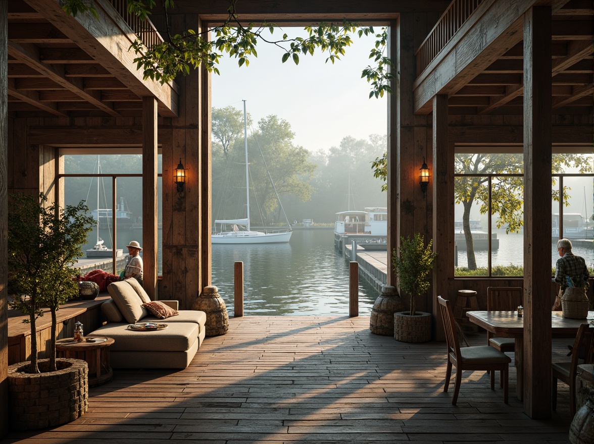 Prompt: Weathered wooden docks, rustic nautical ropes, vintage sailboats, serene lake scenery, misty morning atmosphere, soft warm lighting, natural stone foundations, classic boathouse architecture, earthy brown color palette, moss-covered roofs, distressed wood textures, ornate metal fixtures, elegant lanterns, cozy interior spaces, plush furnishings, rich wood accents, subtle nautical patterns, warm beige tones, creamy whites, sky blue hues, gentle water reflections, shallow depth of field, 1/1 composition, realistic renderings.