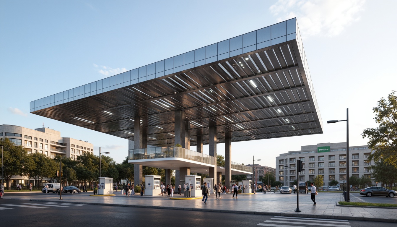 Prompt: Modern gas station, sleek canopy structure, minimalist design, angular lines, stainless steel beams, translucent roofing, natural ventilation, LED lighting, futuristic fuel pumps, digital signage, urban landscape, busy streets, morning sunlight, shallow depth of field, 1/1 composition, realistic textures, ambient occlusion.