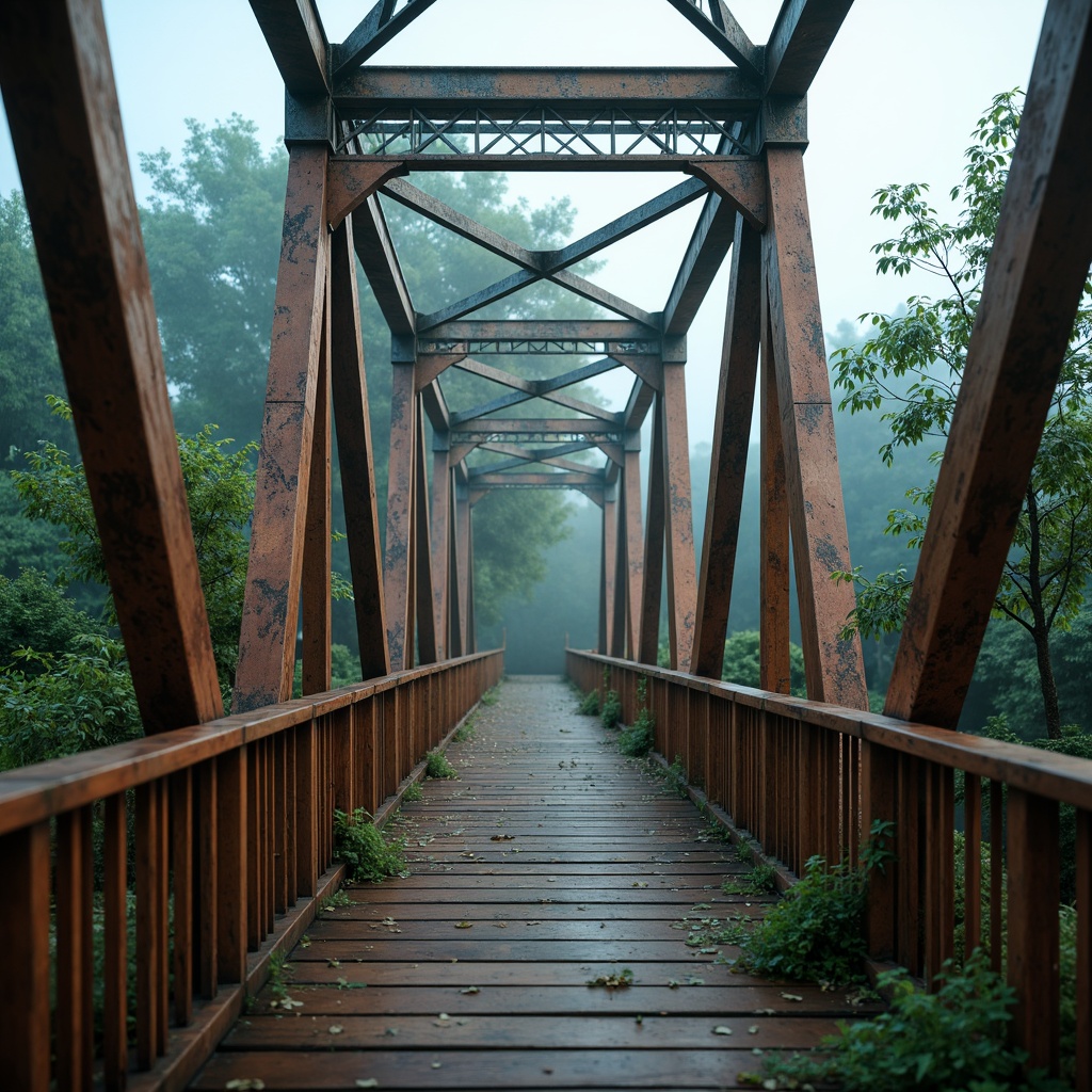 Prompt: Rustic steel bridges, industrial-era aesthetic, weathered metal textures, warm earthy tones, muted blue-grey hues, rich brown wood accents, vibrant greenery surroundings, misty atmospheric effects, soft natural lighting, shallow depth of field, 2/3 composition, cinematic view, realistic reflections, ambient occlusion.