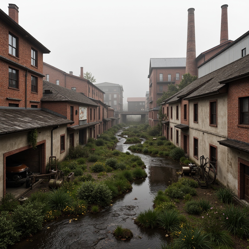 Prompt: Industrial factory complex, rustic brick buildings, corrugated metal roofs, worn concrete walls, vintage machinery, abandoned chimneys, overgrown vegetation, wildflowers, meandering streams, misty atmosphere, soft warm lighting, shallow depth of field, 3/4 composition, panoramic view, realistic textures, ambient occlusion, regionalist architectural style, functional simplicity, earthy color palette, distressed finishes, reclaimed wood accents, metal cladding, industrial heritage, nostalgic ambiance.