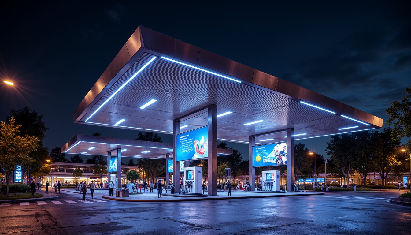 Prompt: Futuristic gas station, sleek metal canopy, neon LED lights, dynamic color-changing effects, modern minimalist architecture, angular lines, reflective glass surfaces, high-gloss finishes, stainless steel accents, futuristic fuel pumps, digital display screens, electronic payment systems, urban cityscape, night scene, dramatic shadows, high-contrast lighting, 1/1 composition, shallow depth of field, realistic textures, ambient occlusion.