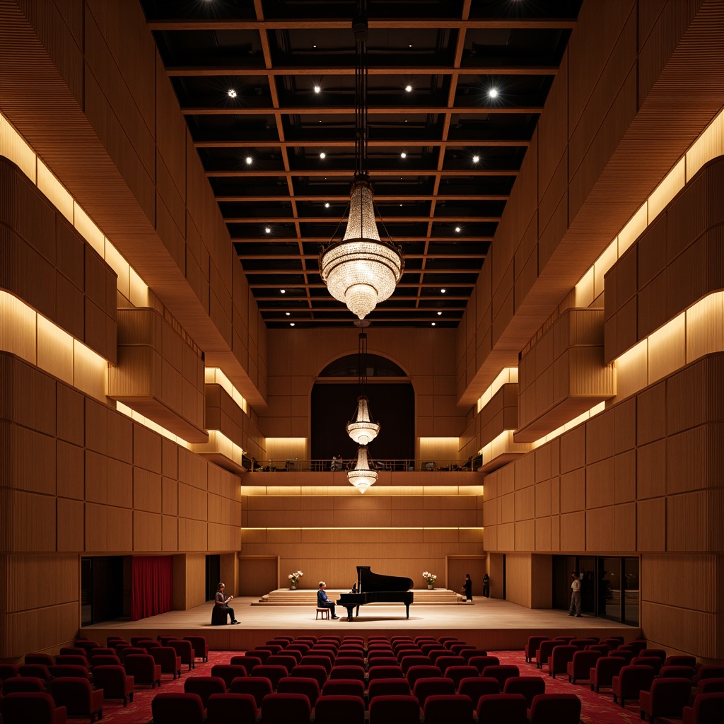 Prompt: Intimate concert hall, wooden acoustic panels, sound-absorbing materials, curved lines, minimalist decor, warm ambient lighting, shallow stage, grand piano, professional audio equipment, high ceilings, ornate chandeliers, plush red seats, velvet curtains, dramatic spotlights, 1/1 composition, soft focus, realistic textures, subtle reflections.