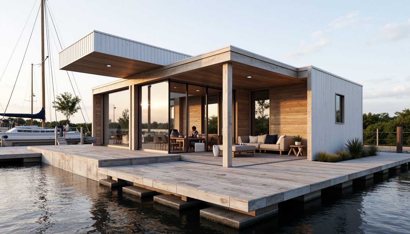 Prompt: Waterfront location, wooden dock, sailboats, modern boathouse, international style facade, large windows, sliding glass doors, minimalist design, neutral color palette, natural wood accents, corrugated metal roofing, cantilevered upper floor, outdoor seating area, nautical-themed decor, warm soft lighting, shallow depth of field, 1/1 composition, realistic textures, ambient occlusion.