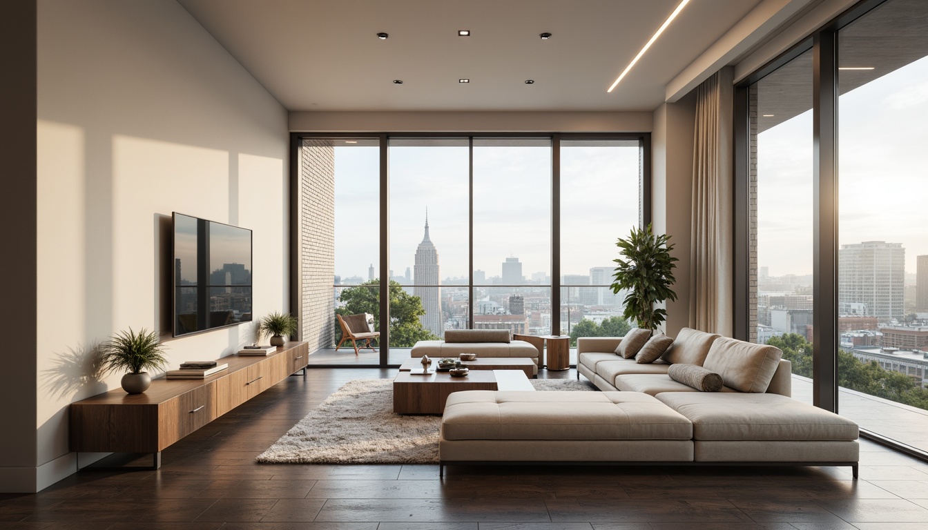 Prompt: Minimalist living room, sleek low-profile furniture, polished chrome accents, creamy white walls, dark hardwood floors, floor-to-ceiling windows, sliding glass doors, urban cityscape views, soft warm lighting, shallow depth of field, 3/4 composition, panoramic view, realistic textures, ambient occlusion, modern streamline decor, geometric patterns, luxurious fabrics, subtle color palette, functional storage solutions, hidden LED lighting, minimalist decorative accessories.