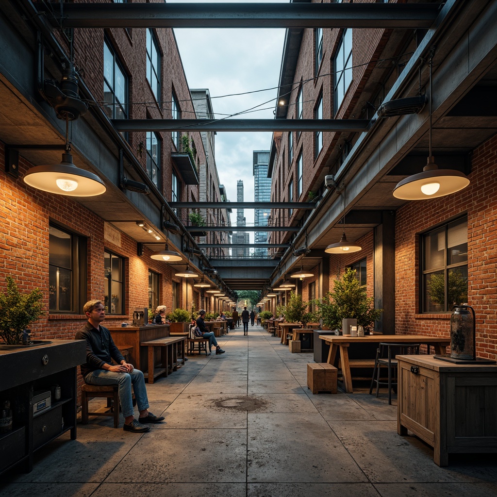 Prompt: Industrial factory setting, exposed brick walls, metal beams, worn wooden floors, distressed concrete textures, vintage machinery, rusty pipes, urban cityscape, cloudy grey skies, warm golden lighting, shallow depth of field, 1/2 composition, realistic materials, ambient occlusion, muted color palette, earthy tones, weathered steel blues, faded reds, industrial greens, creamy whites, rich browns.