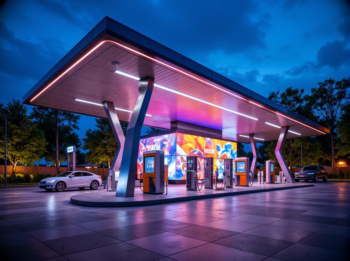 Prompt: Futuristic gas station, neon lights, sleek metal canopy, modern LED signage, gleaming chrome accents, high-gloss concrete floors, minimalist architecture, angular lines, cantilevered rooflines, dynamic color-changing lighting, 3D projection mapping, futuristic fuel pumps, digital display screens, stainless steel fixtures, ambient occlusion, shallow depth of field, 1/1 composition, realistic textures, soft warm glow, evening atmosphere.