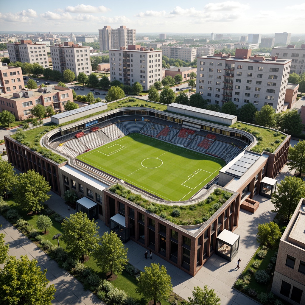 Prompt: Eco-friendly soccer stadium, social housing complex, green roofs, solar panels, wind turbines, rainwater harvesting systems, recycled building materials, natural ventilation systems, energy-efficient lighting, community gardens, public art installations, vibrant street art, urban agriculture, mixed-income residential units, accessible pedestrian paths, bike lanes, electric vehicle charging stations, modern minimalist architecture, cantilevered structures, angular lines, open-air corridors, communal outdoor spaces, shaded seating areas, warm color schemes, soft natural lighting, 1/1 composition, realistic textures, ambient occlusion.