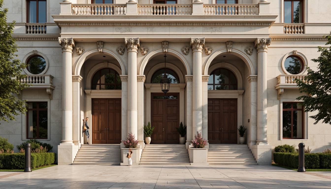 Prompt: Grandiose building facade, ornate columns, intricately carved details, symmetrical composition, classical proportions, limestone or marble materials, subtle color palette, soft natural light, warm afternoon ambiance, shallow depth of field, 2/3 composition, realistic textures, ambient occlusion, ornamental balustrades, decorative friezes, sculpted pediments, grand entranceways, sweeping staircases, elegant archways, refined moldings, luxurious ornamentation.