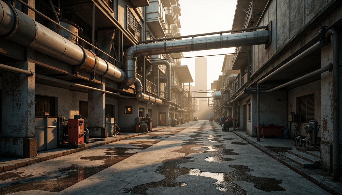 Prompt: Industrial landscape, rugged concrete roads, metallic buildings, exposed ductwork, steel beams, industrial pipes, mechanical equipment, urban cityscape, misty atmosphere, warm golden lighting, shallow depth of field, 2/3 composition, realistic textures, ambient occlusion, muted color palette, earthy tones, rusty reds, deep blues, weathered wood accents, distressed metal finishes, functional design elements.