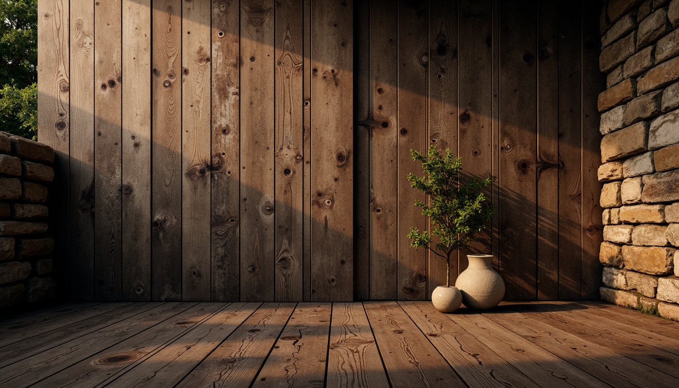 Prompt: Rustic wooden planks, distressed metal panels, rough-hewn stone walls, earthy tone color palette, natural material textures, organic shapes, irregular forms, abstract patterns, moody atmospheric lighting, warm golden hour, shallow depth of field, 1/2 composition, realistic renderings, ambient occlusion.