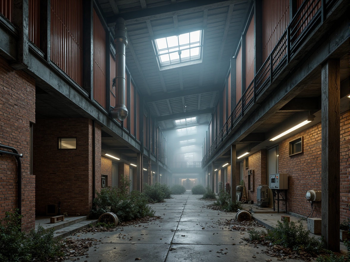 Prompt: Rustic industrial landscape, abandoned factories, distressed brick walls, metal beams, reclaimed wood accents, exposed ductwork, concrete floors, steel columns, urban decay, gritty textures, moody lighting, dramatic shadows, cinematic composition, 1/1 aspect ratio, high contrast, atmospheric fog, misty ambiance, functional pipes, mechanical equipment, industrial heritage, brutalist architecture, raw concrete forms, metallic tones, utilitarian design.